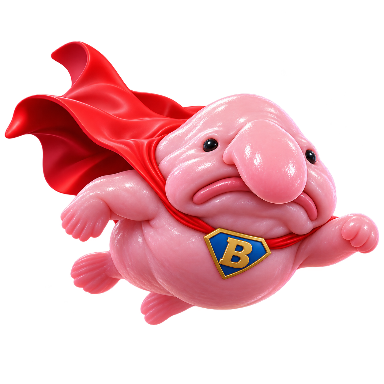 An unbothered pink blobfish wearing a red superhero cape